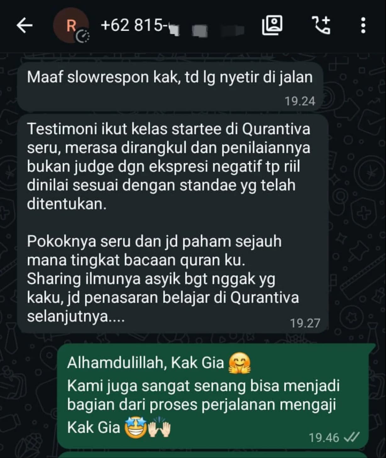 Testimoni WhatsApp dari Kak Gia