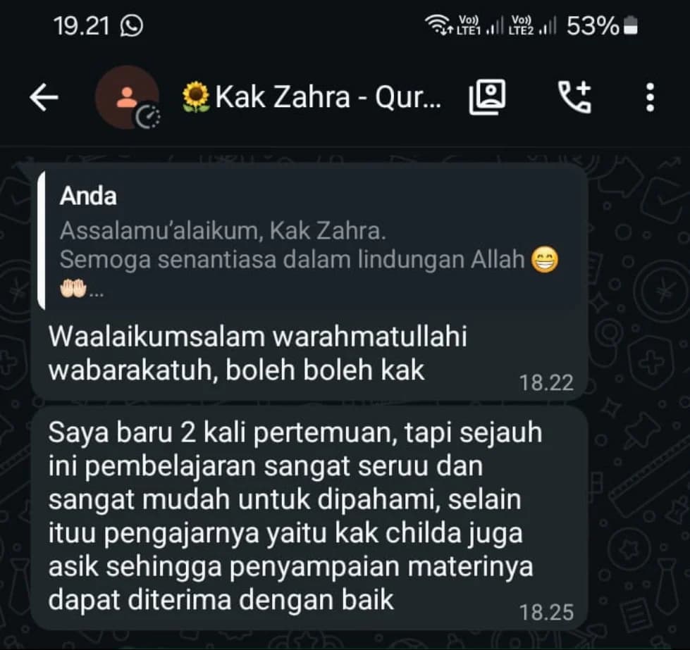 Testimoni WhatsApp dari Kak Zahra